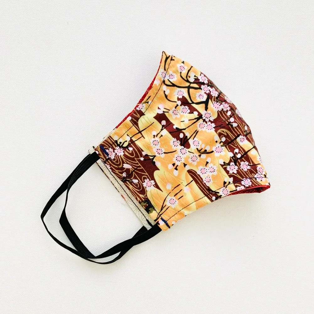 NEW Handmade Maroon Gold Cherry Blossom Print Face Mask